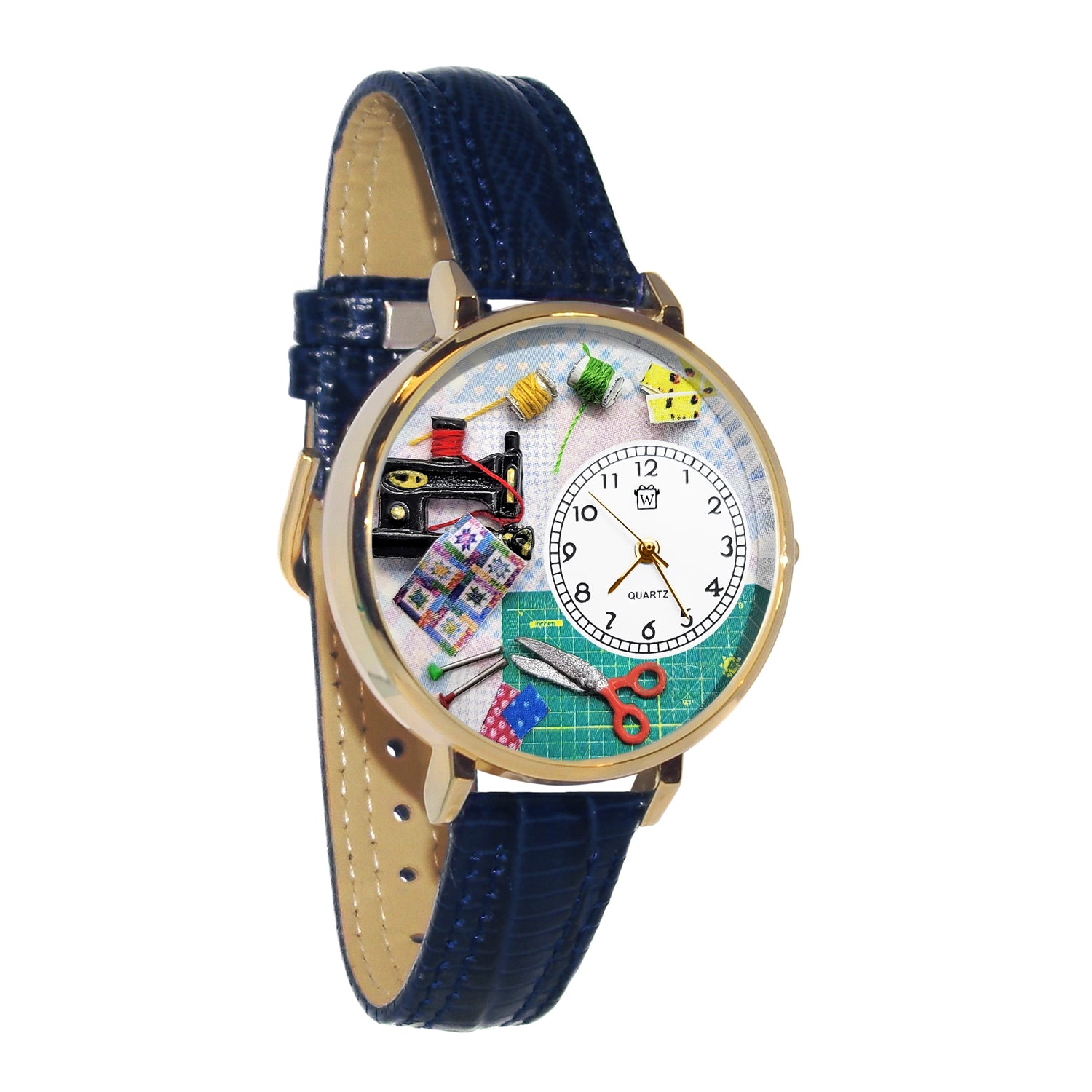 Whimsical Gifts | Quilting 3D Watch Large Style | Handmade in USA | Hobbies & Special Interests | Sewing & Crafting | Novelty Unique Fun Miniatures Gift | Gold Finish Navy Blue Leather Watch Band