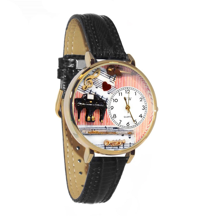 Whimsical Gifts | Music Teacher 3D Watch Large Style | Handmade in USA | Professions Themed | Teacher | Novelty Unique Fun Miniatures Gift | Gold Finish Black Leather Watch Band