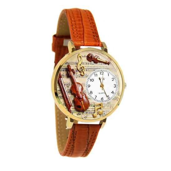 Whimsical Gifts | Violin 3D Watch Large Style | Handmade in USA | Hobbies & Special Interests | Music | Novelty Unique Fun Miniatures Gift | Gold Finish Tan Leather Watch Band