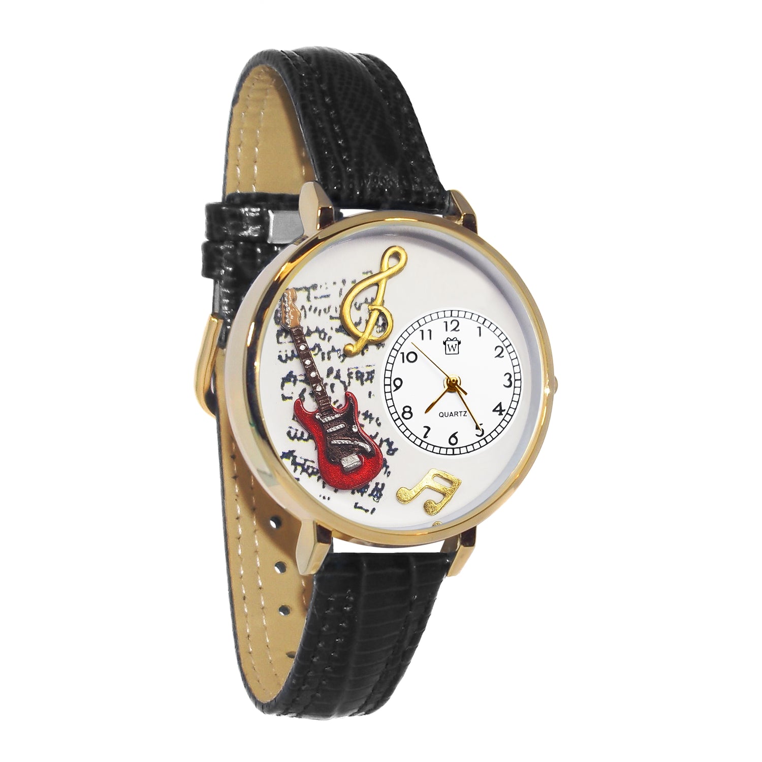 Whimsical Gifts | Electric Guitar 3D Watch Large Style | Handmade in USA | Hobbies & Special Interests | Music | Novelty Unique Fun Miniatures Gift | Gold Finish Black Leather Watch Band