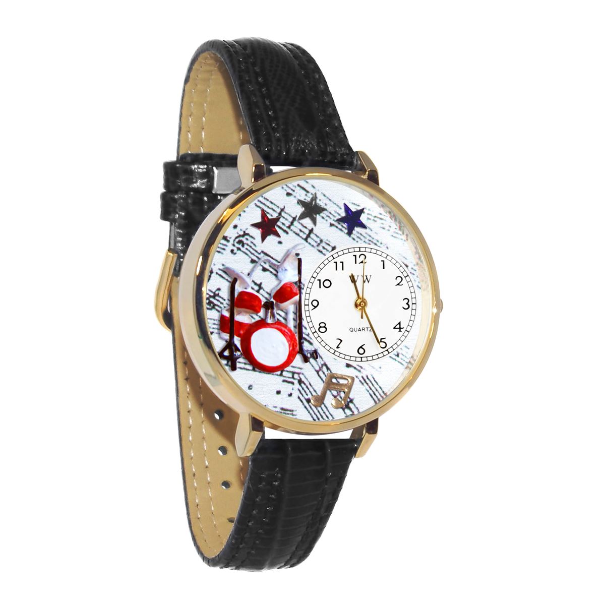 Whimsical Gifts | Drums 3D Watch Large Style | Handmade in USA | Hobbies & Special Interests | Music | Novelty Unique Fun Miniatures Gift | Gold Finish Black Leather Watch Band