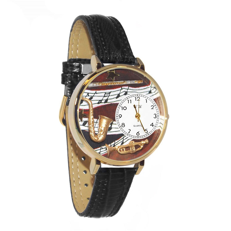 Whimsical Gifts | Wind Instruments 3D Watch Large Style | Handmade in USA | Hobbies & Special Interests | Music | Novelty Unique Fun Miniatures Gift | Gold Finish Black Leather Watch Band