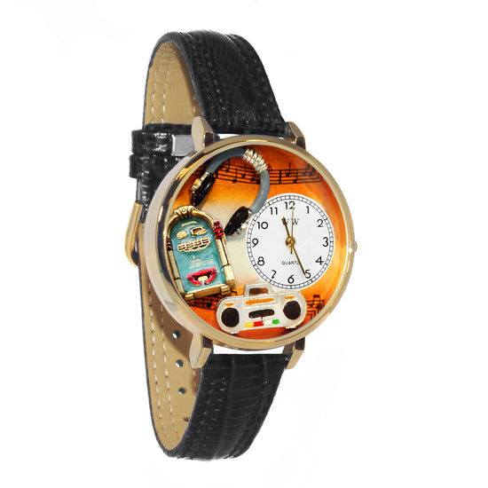 Whimsical Gifts | Music Lover 3D Watch Large Style | Handmade in USA | Hobbies & Special Interests | Music | Novelty Unique Fun Miniatures Gift | Gold Finish Black Leather Watch Band
