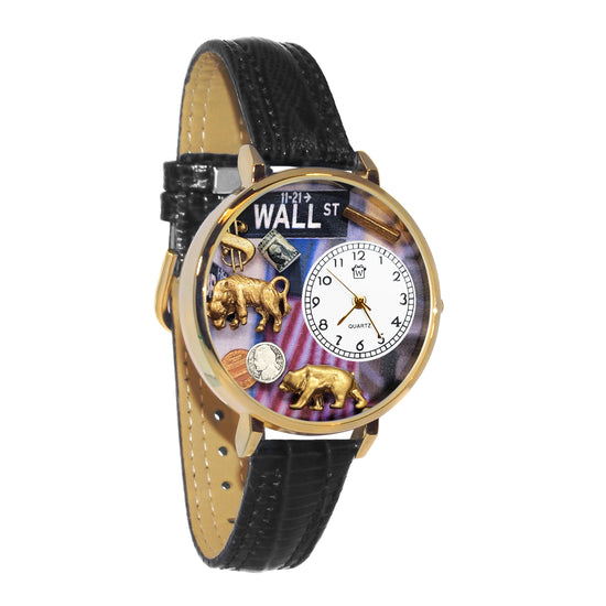 Whimsical Gifts | Wall Street | Stock Broker | Trader 3D Watch Large Style | Handmade in USA | Professions Themed | Business & Legal | Novelty Unique Fun Miniatures Gift | Gold Finish Black Leather Watch Band