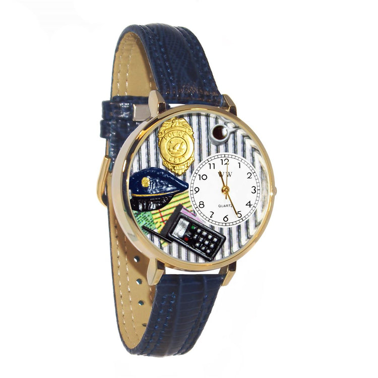 Whimsical Gifts | Policeman 3D Watch Large Style | Handmade in USA | Professions Themed | First Responders | Novelty Unique Fun Miniatures Gift | Gold Finish Navy Blue Leather Watch Band