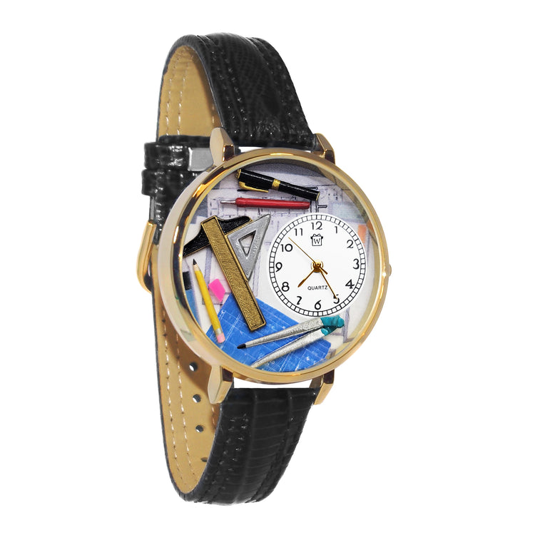 Whimsical Gifts | Architect 3D Watch Large Style | Handmade in USA | Professions Themed | Business & Legal | Novelty Unique Fun Miniatures Gift | Gold Finish Black Leather Watch Band