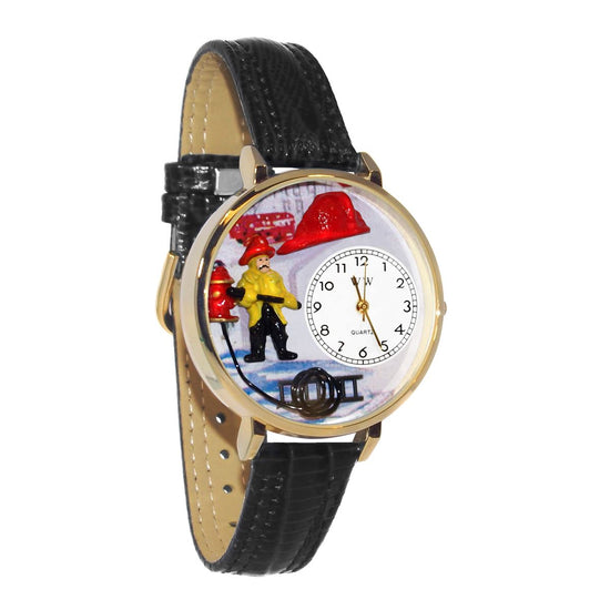 Whimsical Gifts | Firefighter 3D Watch Large Style | Handmade in USA | Professions Themed | First Responders | Novelty Unique Fun Miniatures Gift | Gold Finish Black Leather Watch Band