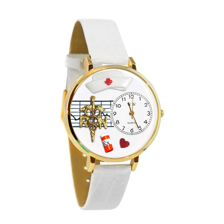 Whimsical Gifts | Nurse RN 3D Watch Large Style | Handmade in USA | Professions Themed | Nurse | Novelty Unique Fun Miniatures Gift | Gold Finish White Leather Watch Band