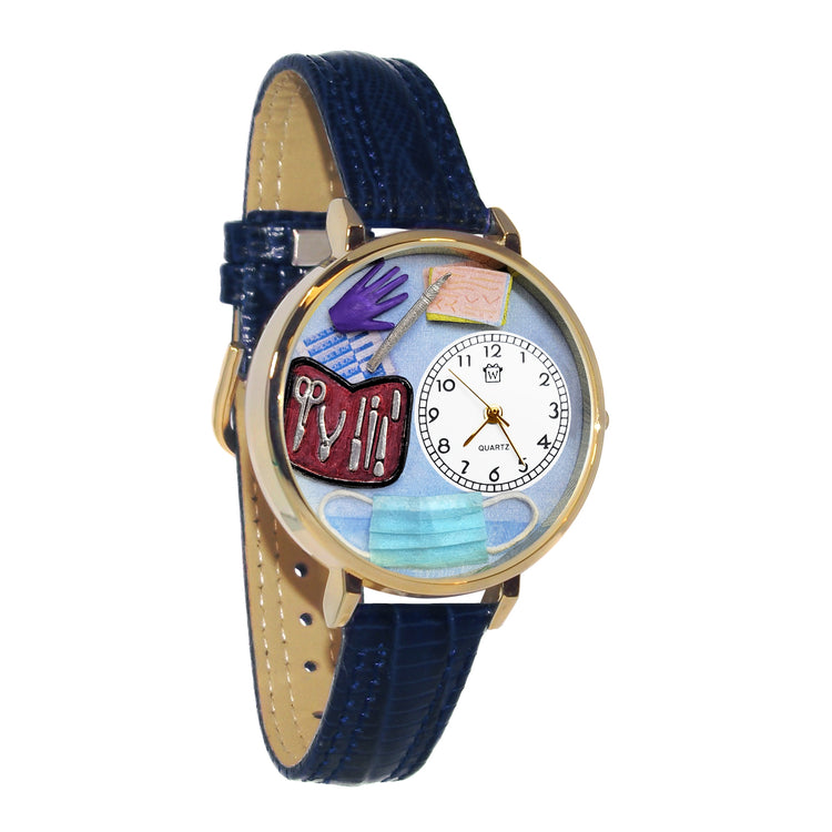 Whimsical Gifts | Medical Suture 3D Watch Large Style | Handmade in USA | Professions Themed | Medical Professions | Novelty Unique Fun Miniatures Gift | Gold Finish Navy Blue Leather Watch Band