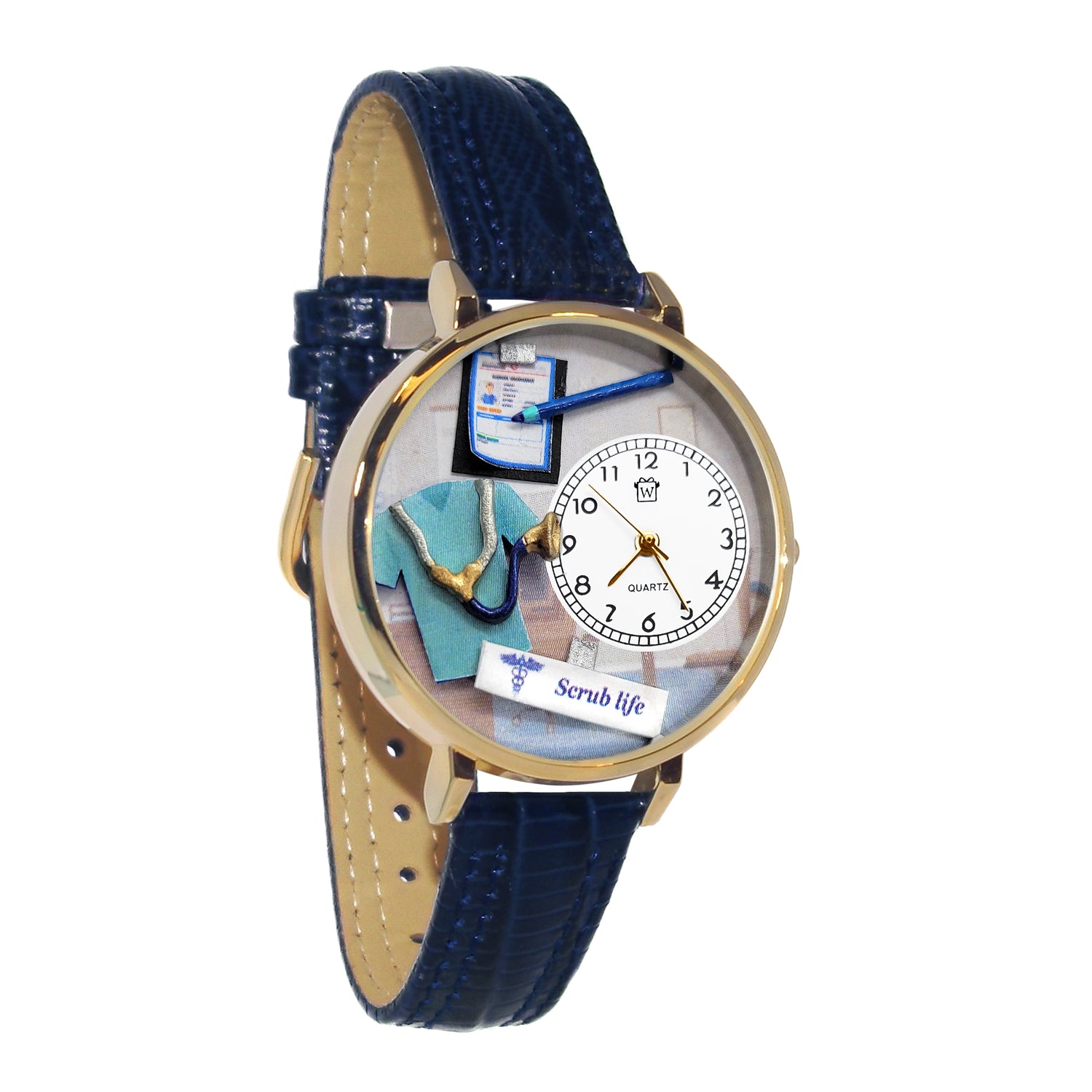 Whimsical Gifts | Scrub Life 3D Watch Large Style | Handmade in USA | Professions Themed | Medical Professions | Novelty Unique Fun Miniatures Gift | Silver Finish Navy Blue Leather Watch Band