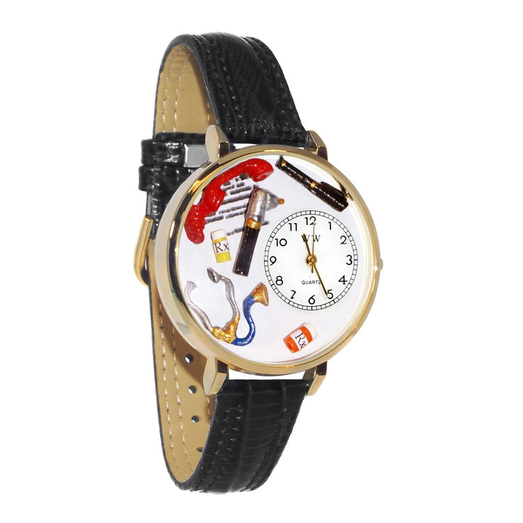 Whimsical Gifts | Doctor 3D Watch Large Style | Handmade in USA | Professions Themed | Medical Professions | Novelty Unique Fun Miniatures Gift | Gold Finish Black Leather Watch Band