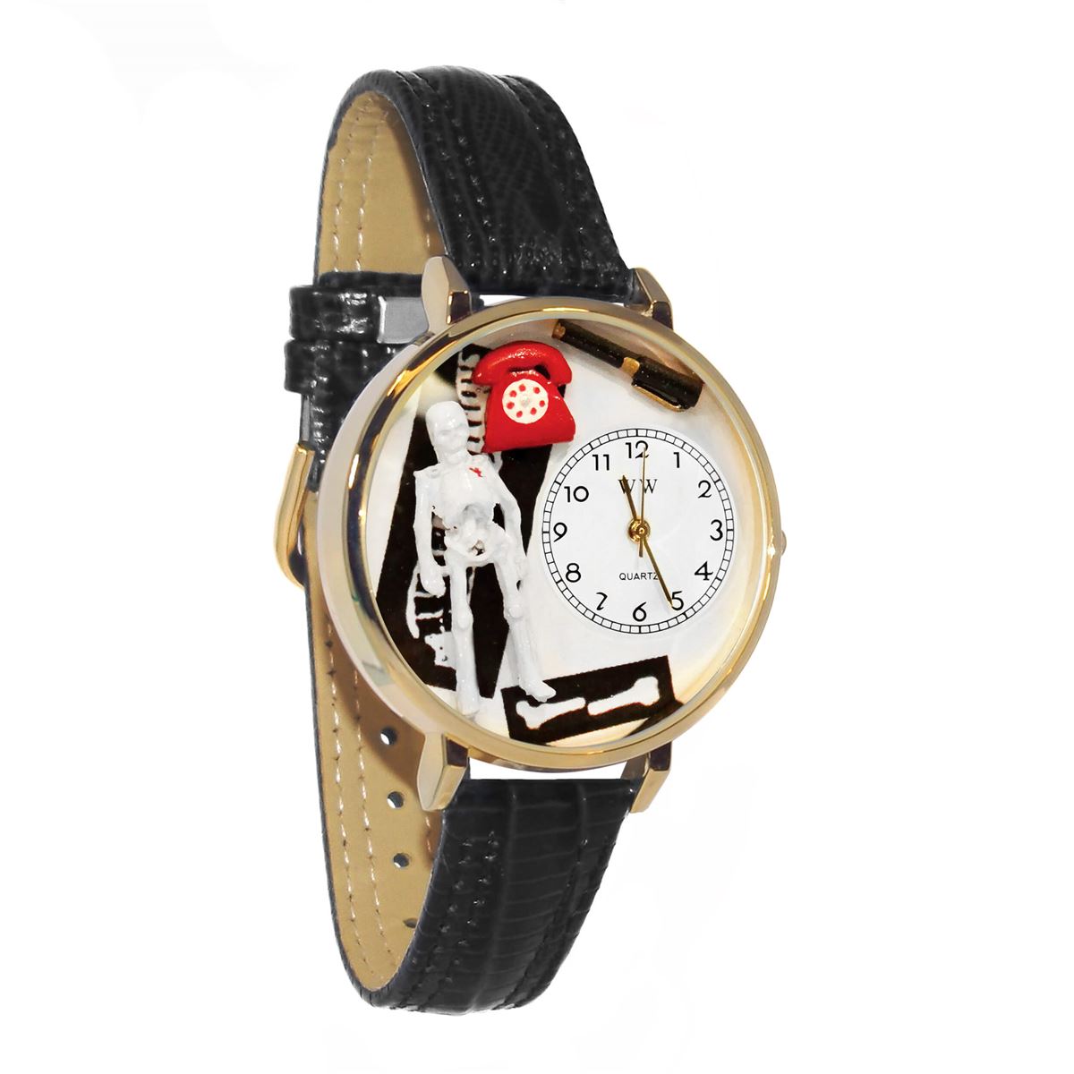 Whimsical Gifts | Orthopedics 3D Watch Large Style | Handmade in USA | Professions Themed | Medical Professions | Novelty Unique Fun Miniatures Gift | Gold Finish Black Leather Watch Band