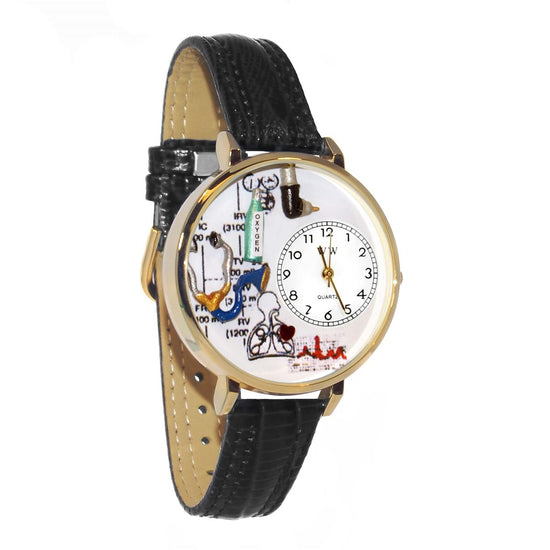 Whimsical Gifts | Respiratory Therapist 3D Watch Large Style | Handmade in USA | Professions Themed | Medical Professions | Novelty Unique Fun Miniatures Gift | Gold Finish Black Leather Watch Band