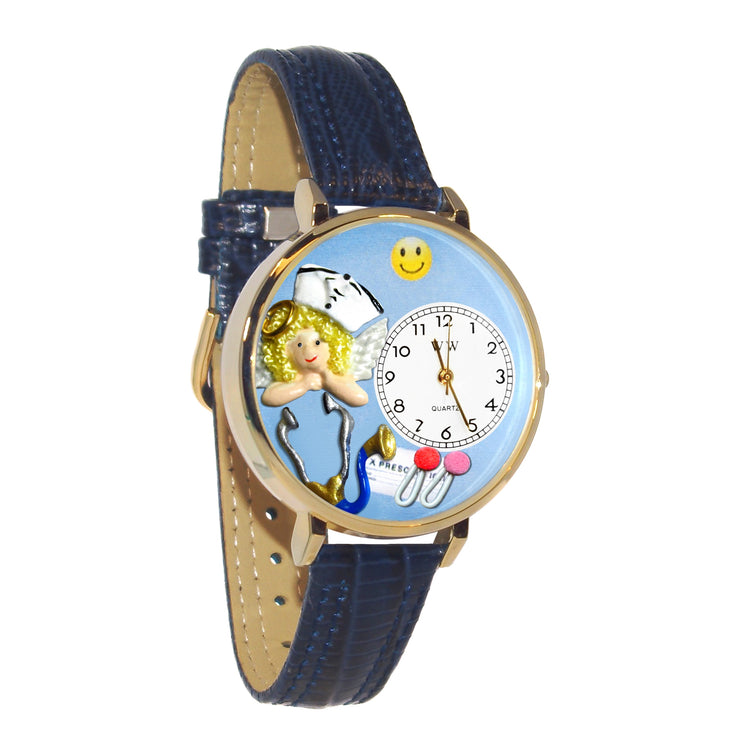 Whimsical Gifts | Nurse Angel 3D Watch Large Style | Handmade in USA | Professions Themed | Nurse | Novelty Unique Fun Miniatures Gift | Gold Finish Navy Blue Leather Watch Band