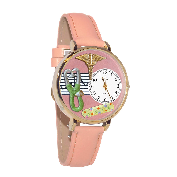 Whimsical Gifts | Nurse Stethoscope Pink 3D Watch Large Style | Handmade in USA | Professions Themed | Nurse | Novelty Unique Fun Miniatures Gift | Gold Finish Pink Leather Watch Band