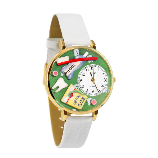 Whimsical Gifts | Dental Hygenist | Dentist 3D Watch Large Style | Handmade in USA | Professions Themed | Dental Professions | Novelty Unique Fun Miniatures Gift | Gold Finish White Leather Watch Band