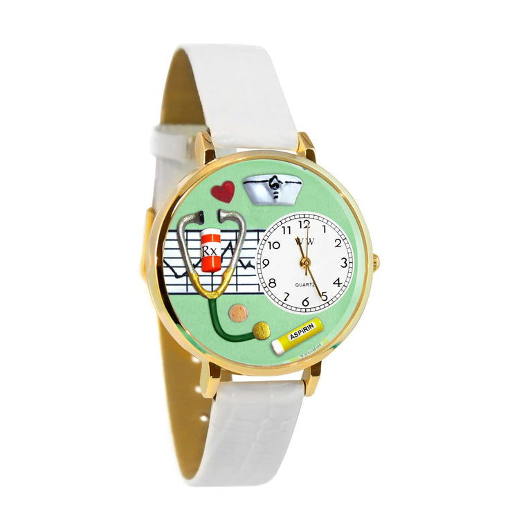 Whimsical Gifts | Nurse Green 3D Watch Large Style | Handmade in USA | Professions Themed | Nurse | Novelty Unique Fun Miniatures Gift | Gold Finish White Leather Watch Band