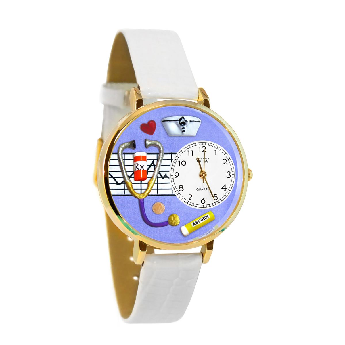 Whimsical Gifts | Nurse Purple 3D Watch Large Style | Handmade in USA | Professions Themed | Nurse | Novelty Unique Fun Miniatures Gift | Gold Finish White Leather Watch Band