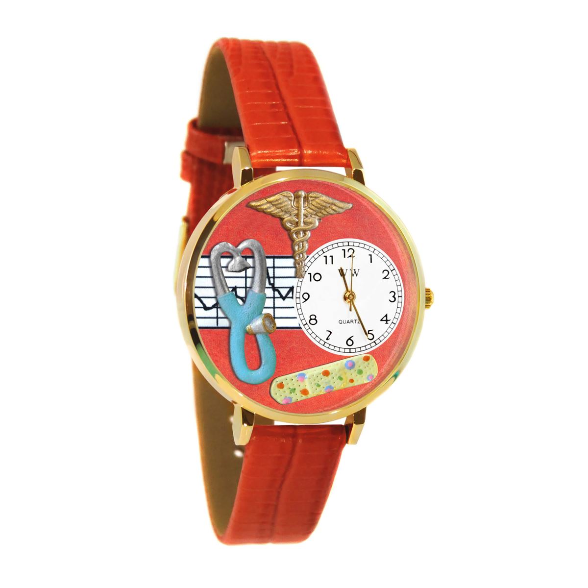 Whimsical Gifts | Nurse Stethoscope Red 3D Watch Large Style | Handmade in USA | Professions Themed | Nurse | Novelty Unique Fun Miniatures Gift | Gold Finish Red Leather Watch Band