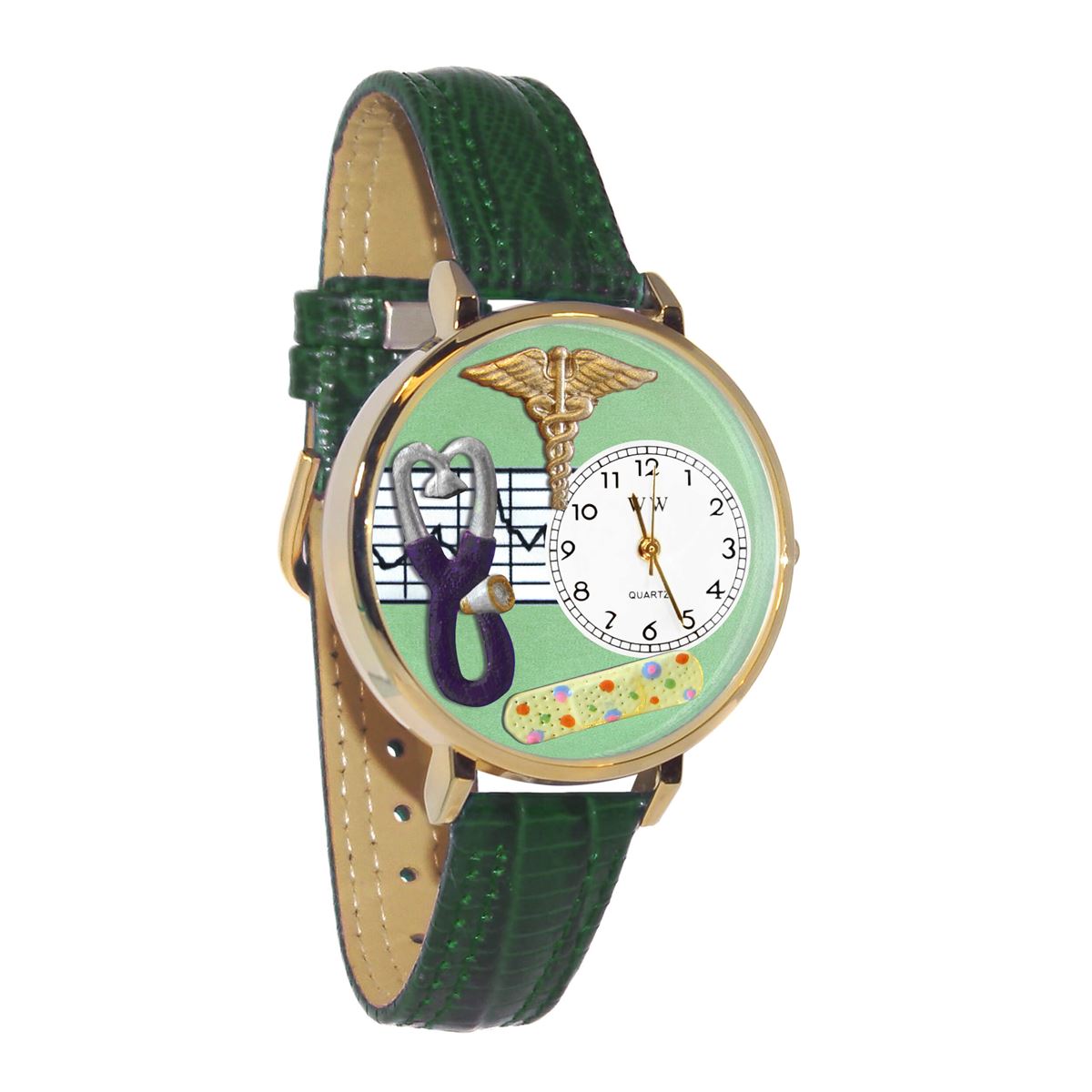 Whimsical Gifts | Nurse Stethoscope Green 3D Watch Large Style | Handmade in USA | Professions Themed | Nurse | Novelty Unique Fun Miniatures Gift | Gold Finish Green Leather Watch Band
