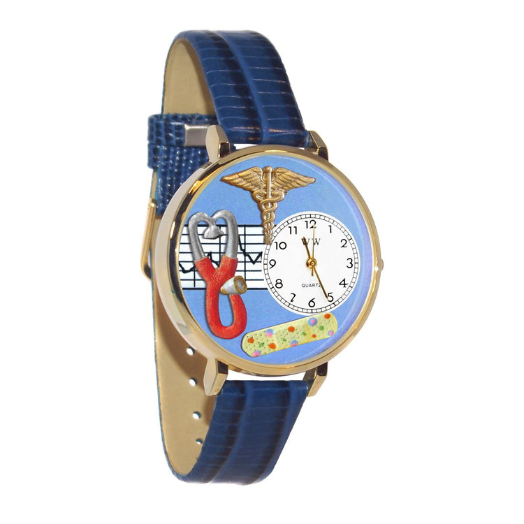 Whimsical Gifts | Nurse Stethoscope Blue 3D Watch Large Style | Handmade in USA | Professions Themed | Nurse | Novelty Unique Fun Miniatures Gift | Gold Finish Royal Blue Leather Watch Band