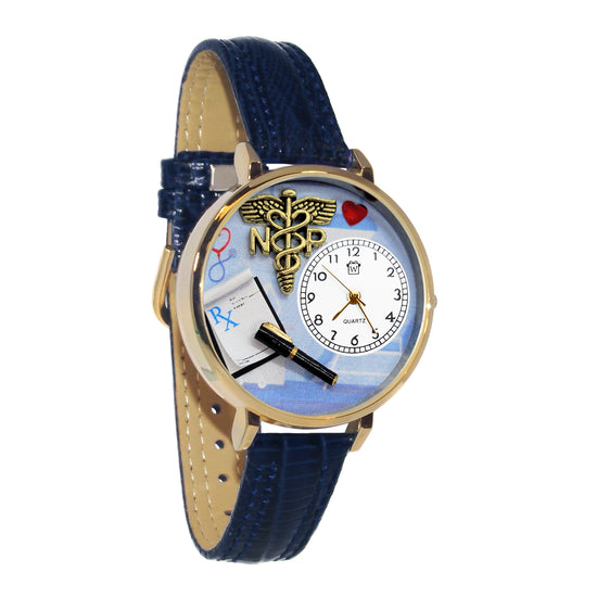 Whimsical Gifts | Nurse Practitioner 3D Watch Large Style | Handmade in USA | Professions Themed | Nurse | Novelty Unique Fun Miniatures Gift | Gold Finish Navy Blue Leather Watch Band
