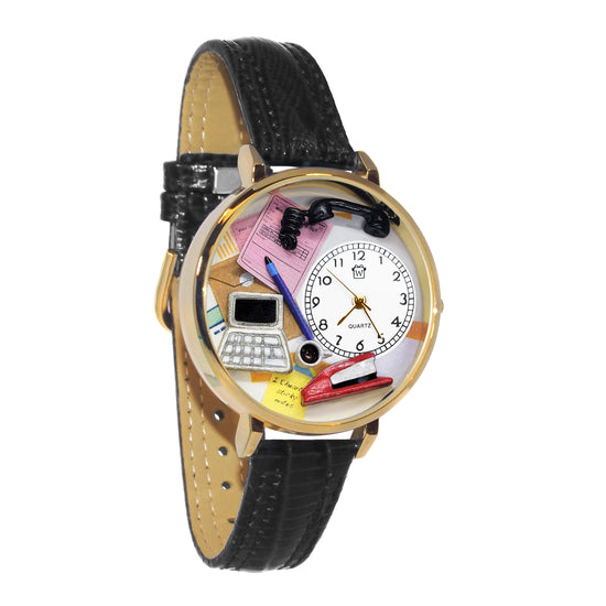Whimsical Gifts | Administrative Professional 3D Watch Large Style | Handmade in USA | Professions Themed | Business & Legal | Novelty Unique Fun Miniatures Gift | Gold Finish Black Leather Watch Band
