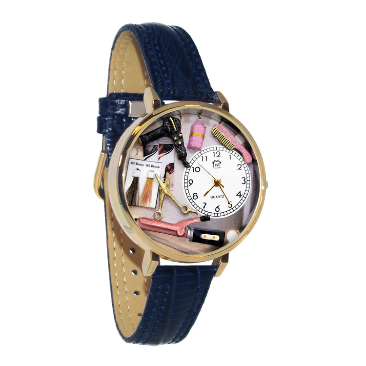 Whimsical Gifts | Hair Stylist 3D Watch Large Style | Handmade in USA | Professions Themed | Salon & Spa Professions | Novelty Unique Fun Miniatures Gift | Gold Finish Navy Blue Leather Watch Band