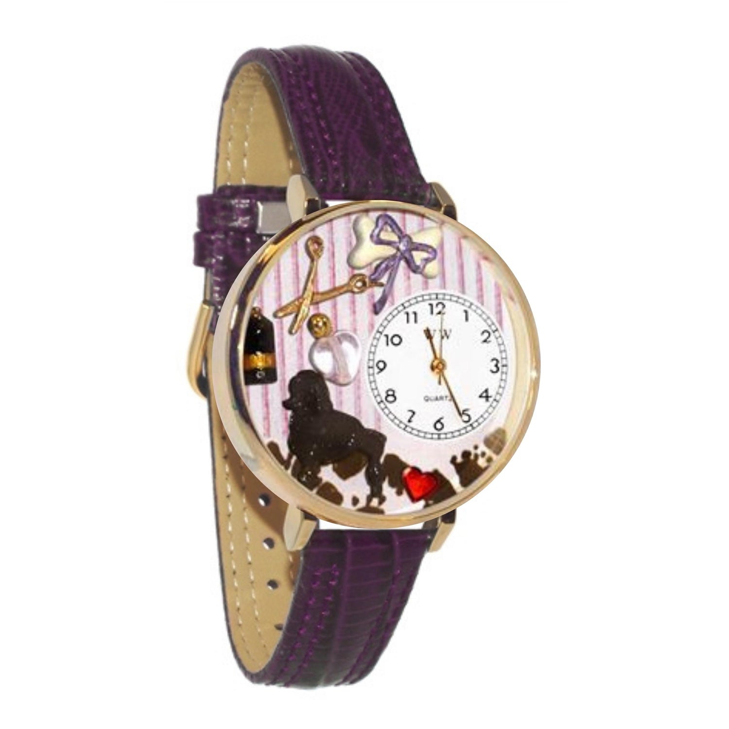 Whimsical Gifts | Dog Groomer 3D Watch Large Style | Handmade in USA | Professions Themed | Pet & Animal Professions | Novelty Unique Fun Miniatures Gift | Gold Finish Purple Leather Watch Band