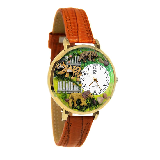 Whimsical Gifts | Zookeeper | Zoo Animals 3D Watch Large Style | Handmade in USA | Professions Themed | Pet & Animal Professions | Novelty Unique Fun Miniatures Gift | Gold Finish Tan Leather Watch Band