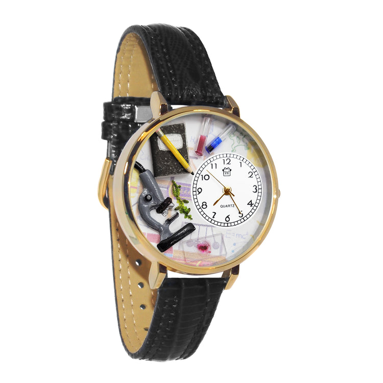 Whimsical Gifts | Science Teacher 3D Watch Large Style | Handmade in USA | Professions Themed | Teacher | Novelty Unique Fun Miniatures Gift | Gold Finish Black Leather Watch Band
