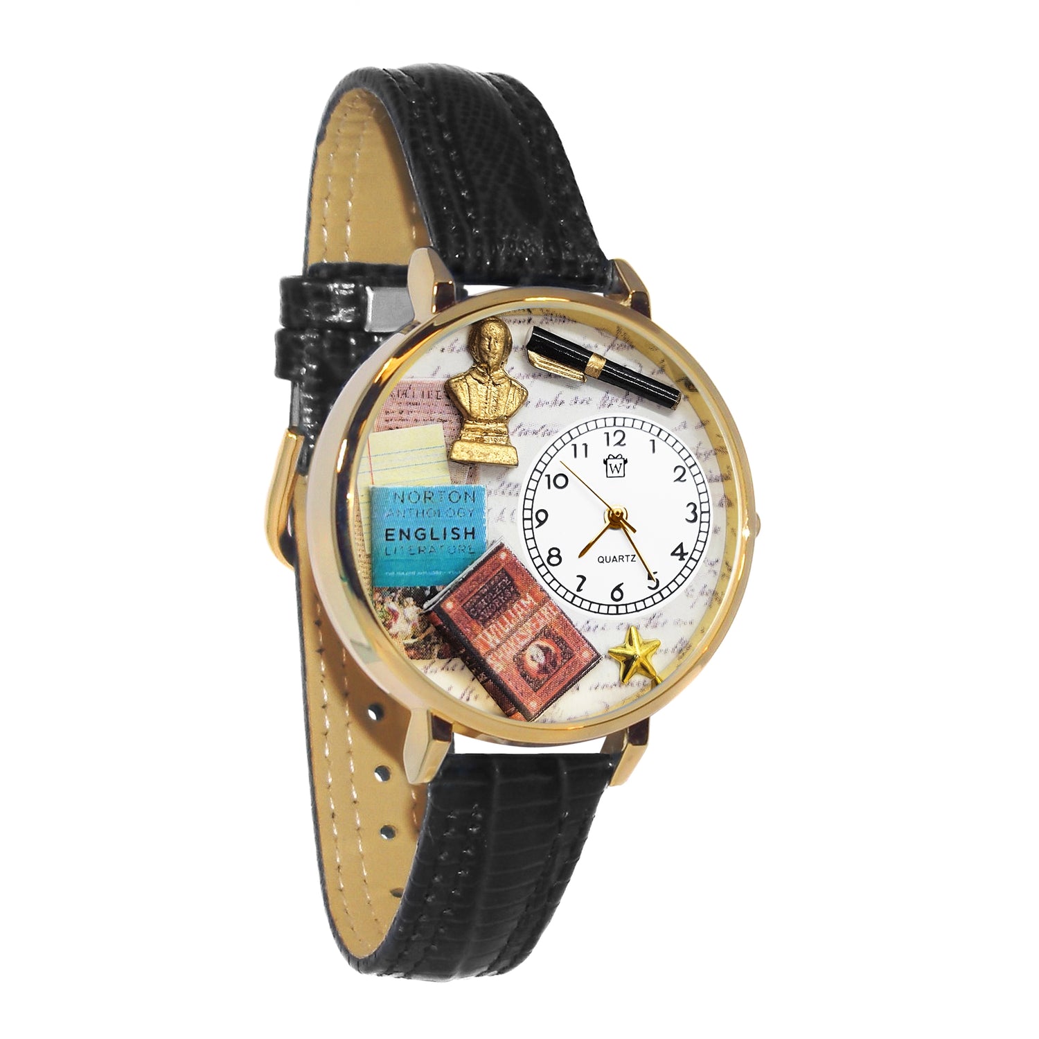 Whimsical Gifts | English Teacher 3D Watch Large Style | Handmade in USA | Professions Themed | Teacher | Novelty Unique Fun Miniatures Gift | Gold Finish Black Leather Watch Band