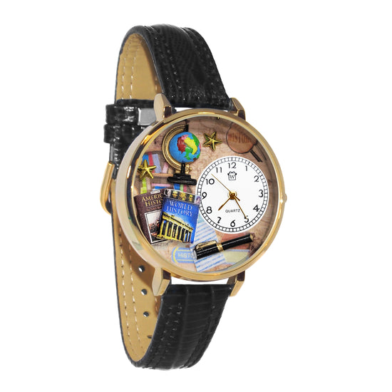 Whimsical Gifts | History Teacher 3D Watch Large Style | Handmade in USA | Professions Themed | Teacher | Novelty Unique Fun Miniatures Gift | Gold Finish Black Leather Watch Band
