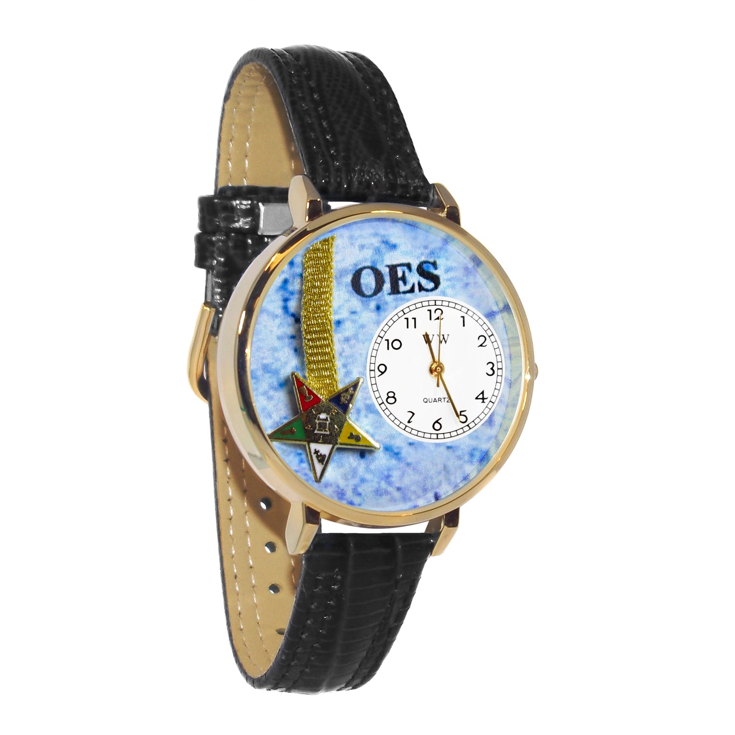 Whimsical Gifts | Order of the Eastern Star 3D Watch Large Style | Handmade in USA | Hobbies & Special Interests | Order of the Eastern Star | Novelty Unique Fun Miniatures Gift | Gold Finish Black Leather Watch Band
