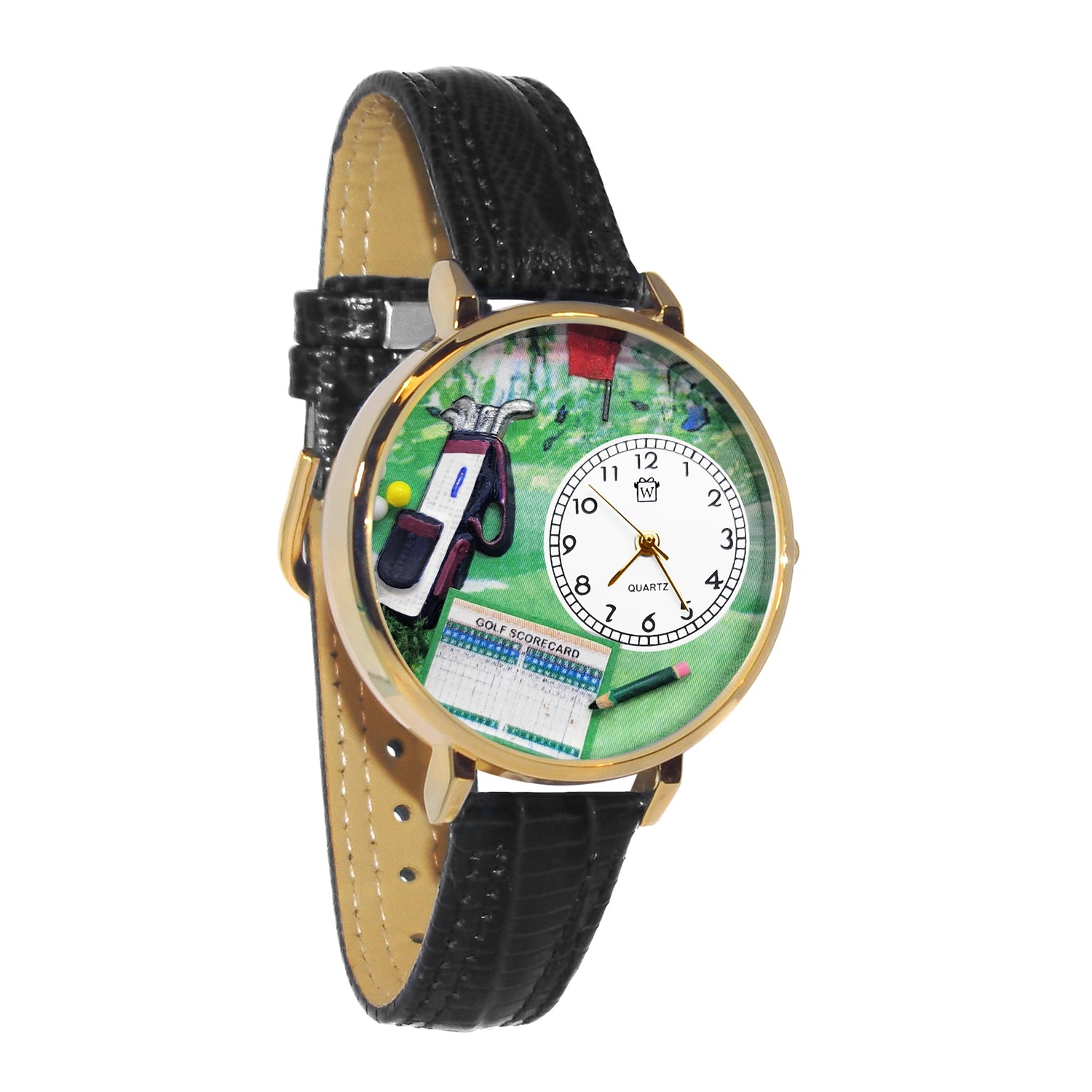 Whimsical Gifts | Golf Bag 3D Watch Large Style | Handmade in USA | Hobbies & Special Interests | Sports | Novelty Unique Fun Miniatures Gift | Gold Finish Black Leather Watch Band