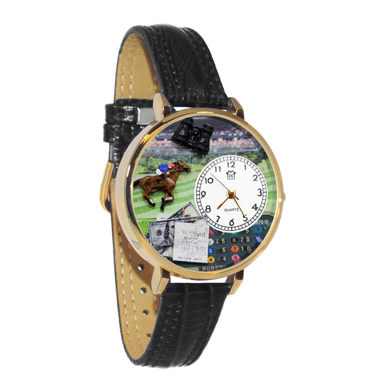 Whimsical Gifts | Horse Racing 3D Watch Large Style | Handmade in USA | Hobbies & Special Interests | Casino | Gaming | Game Night | Novelty Unique Fun Miniatures Gift | Gold Finish Black Leather Watch Band