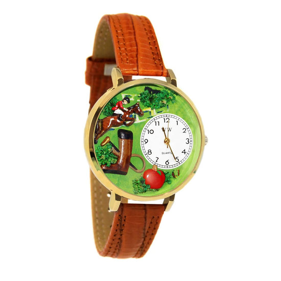 Whimsical Gifts | Horse Jumping Competition Equestrian 3D Watch Large Style | Handmade in USA | Animal Lover | Horse & Equestrian | Novelty Unique Fun Miniatures Gift | Gold Finish Tan Leather Watch Band