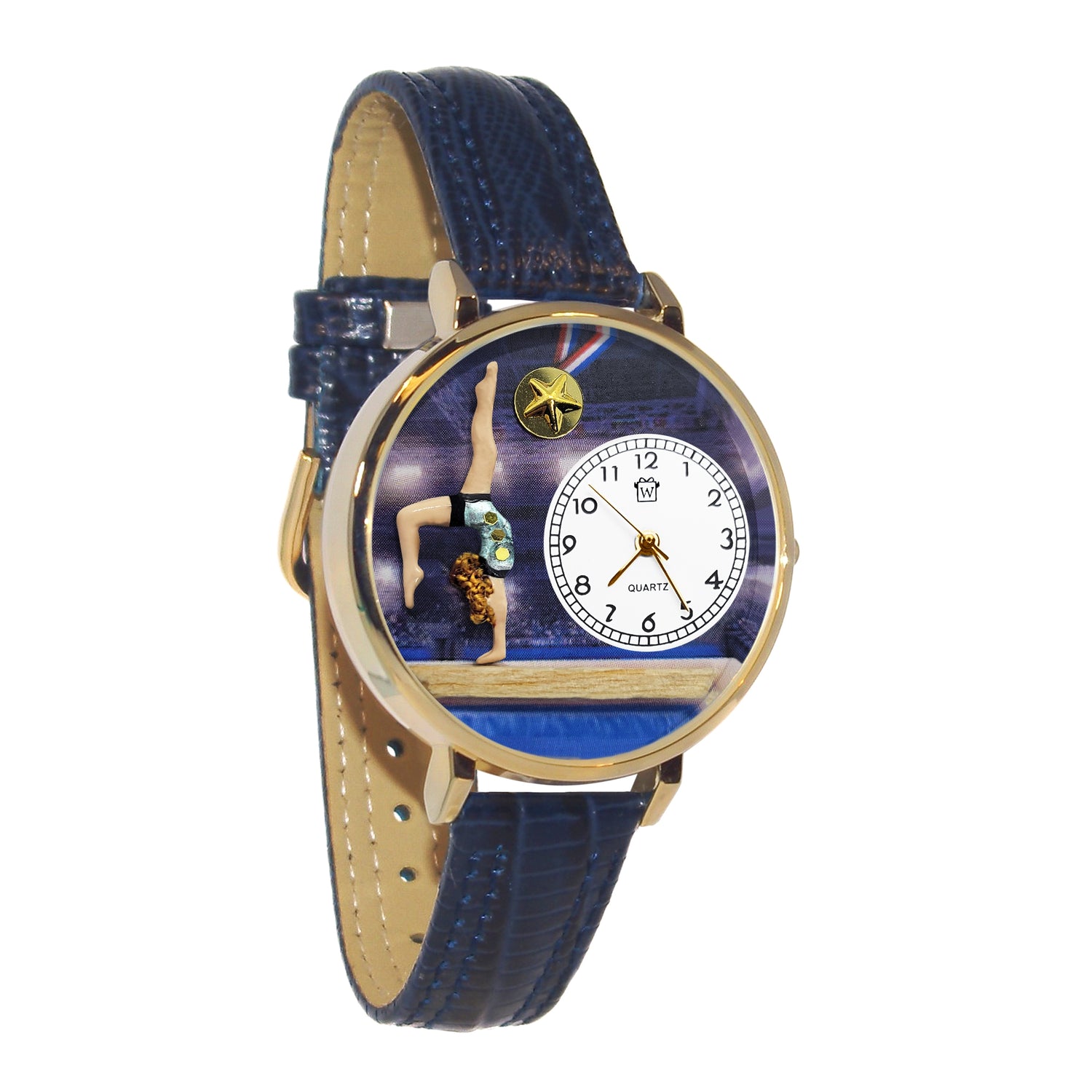 Whimsical Gifts | Gymnastics 3D Watch Large Style | Handmade in USA | Hobbies & Special Interests | Sports | Novelty Unique Fun Miniatures Gift | Light Skin Tone | Gold Finish Navy Blue Leather Watch Band