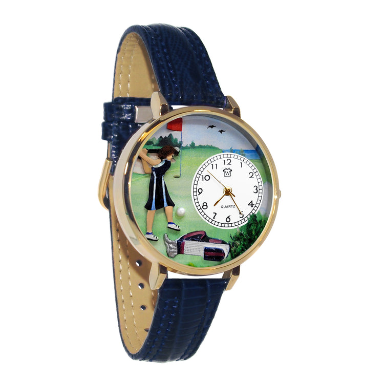 Whimsical Gifts | Golfer Female 3D Watch Large Style | Handmade in USA | Hobbies & Special Interests | Sports | Novelty Unique Fun Miniatures Gift | Gold Finish Navy Blue Leather Watch Band
