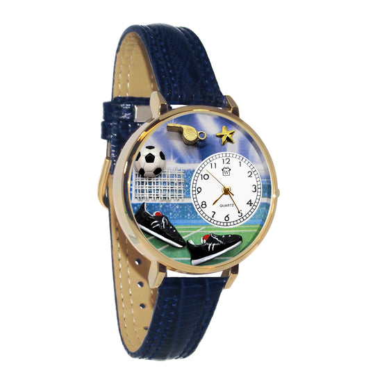 Whimsical Gifts | Soccer 3D Watch Large Style | Handmade in USA | Hobbies & Special Interests | Sports | Novelty Unique Fun Miniatures Gift | Gold Finish Navy Blue Leather Watch Band