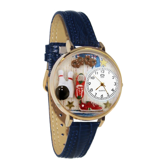 Whimsical Gifts | Bowling 3D Watch Large Style | Handmade in USA | Hobbies & Special Interests | Sports | Novelty Unique Fun Miniatures Gift | Gold Finish Blue Leather Watch Band