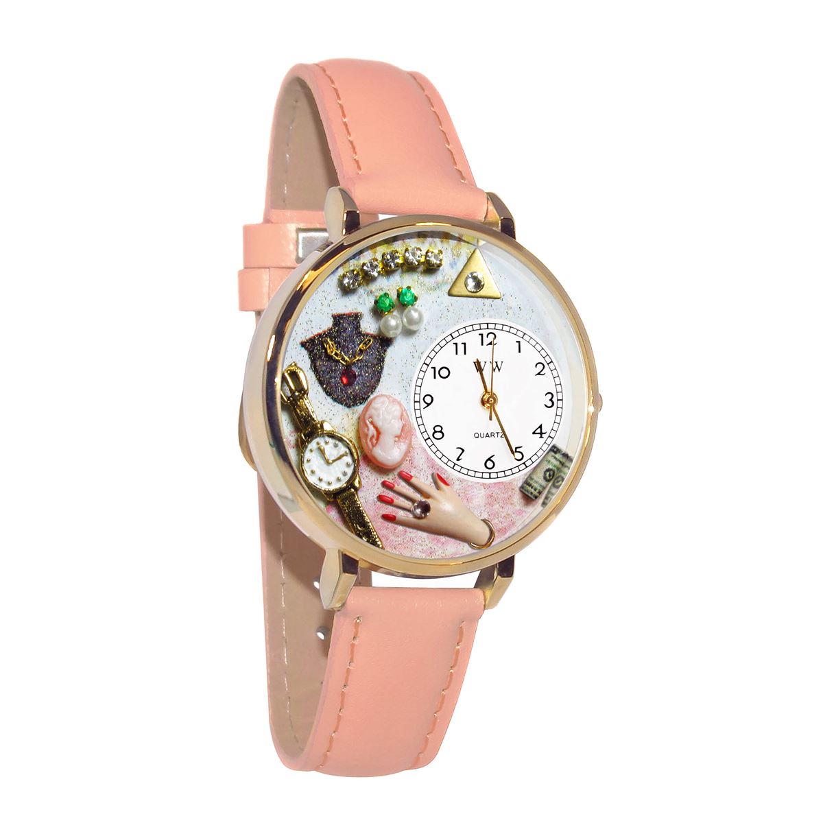 Whimsical Gifts | Jewelry Lover Pink 3D Watch Large Style | Handmade in USA | Hobbies & Special Interests | Fashionista | Novelty Unique Fun Miniatures Gift | Gold Finish Pink Leather Watch Band