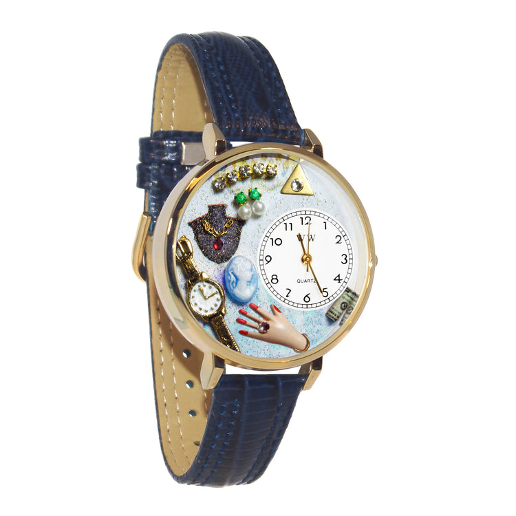 Whimsical Gifts | Jewelry Lover Blue 3D Watch Large Style | Handmade in USA | Hobbies & Special Interests | Fashionista | Novelty Unique Fun Miniatures Gift | Gold Finish Blue Leather Watch Band