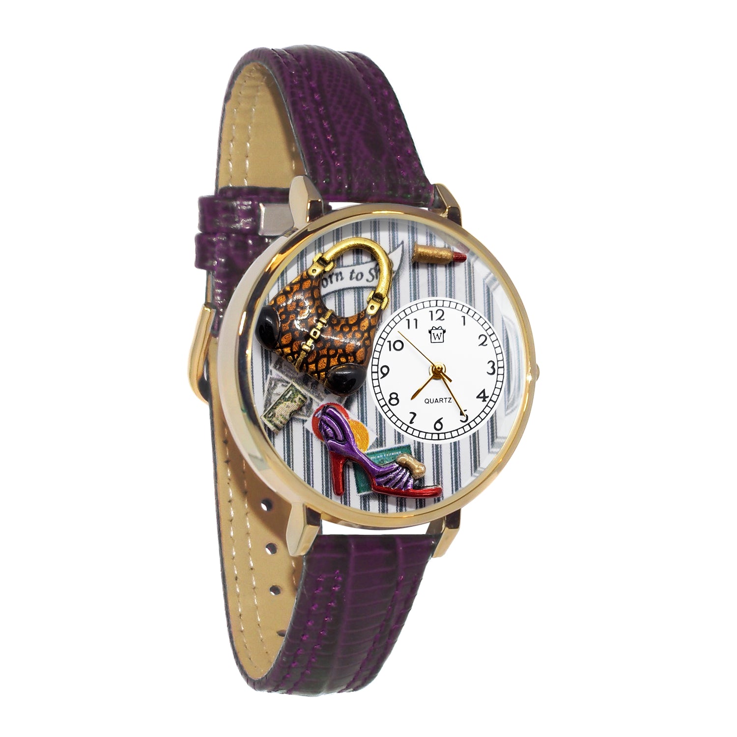 Whimsical Gifts | Fashionista New 3D Watch Large Style | Handmade in USA | Hobbies & Special Interests | Fashionista | Novelty Unique Fun Miniatures Gift | Gold Finish Purple Leather Watch Band