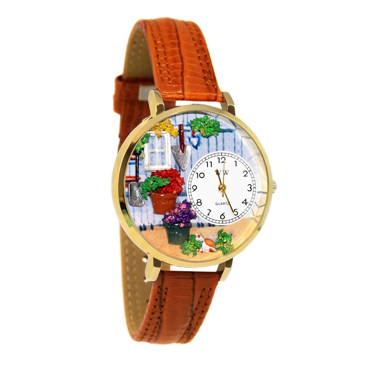 Whimsical Gifts | Gardening 3D Watch Large Style | Handmade in USA | Hobbies & Special Interests | Outdoor Hobbies | Novelty Unique Fun Miniatures Gift | Gold Finish Tan Leather Watch Band
