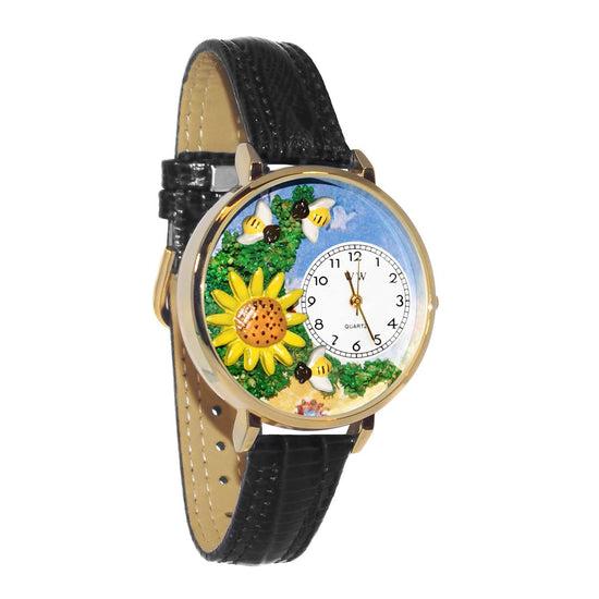 Whimsical Gifts | Sunflower 3D Watch Large Style | Handmade in USA | Holiday & Seasonal Themed | Spring & Summer Fun | Novelty Unique Fun Miniatures Gift | Gold Finish Black Leather Watch Band