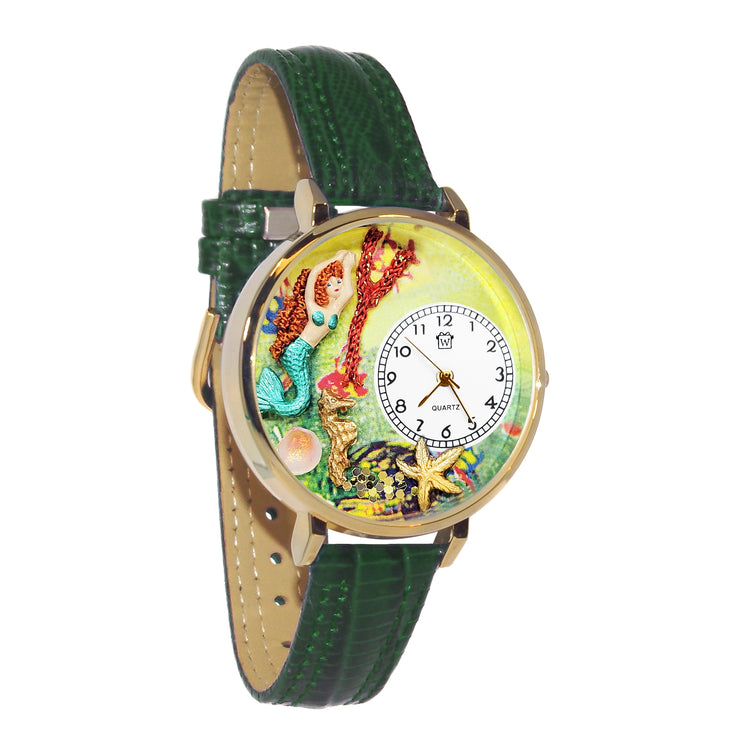 Whimsical Gifts | Mermaid 3D Watch Large Style | Handmade in USA | Fantasy & Mystical |  | Novelty Unique Fun Miniatures Gift | Gold Finish Green Leather Watch Band