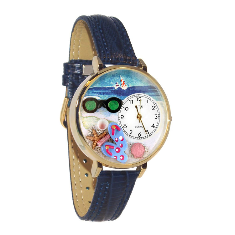 Whimsical Gifts | Flip-flops 3D Watch Large Style | Handmade in USA | Holiday & Seasonal Themed | Spring & Summer Fun | Novelty Unique Fun Miniatures Gift | Gold Finish Navy Blue Leather Watch Band