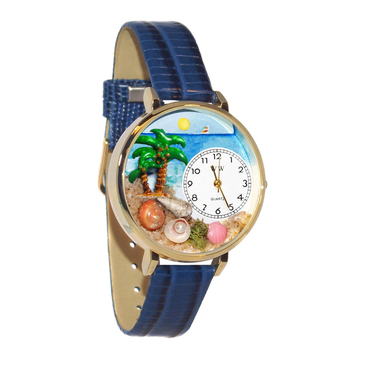 Whimsical Gifts | Palm Tree 3D Watch Large Style | Handmade in USA | Holiday & Seasonal Themed | Spring & Summer Fun | Novelty Unique Fun Miniatures Gift | Gold Finish Royal Blue Leather Watch Band