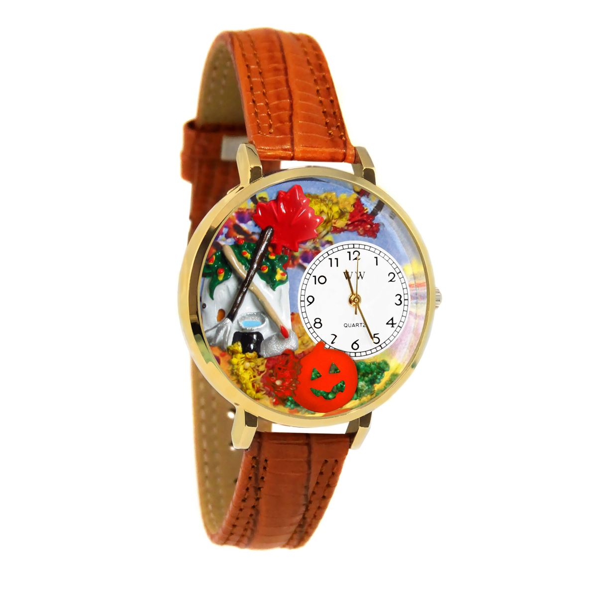 Whimsical Gifts | Autumn Leaves 3D Watch Large Style | Handmade in USA | Holiday & Seasonal Themed | Fall & Winter | Novelty Unique Fun Miniatures Gift | Gold Finish Tan Leather Watch Band